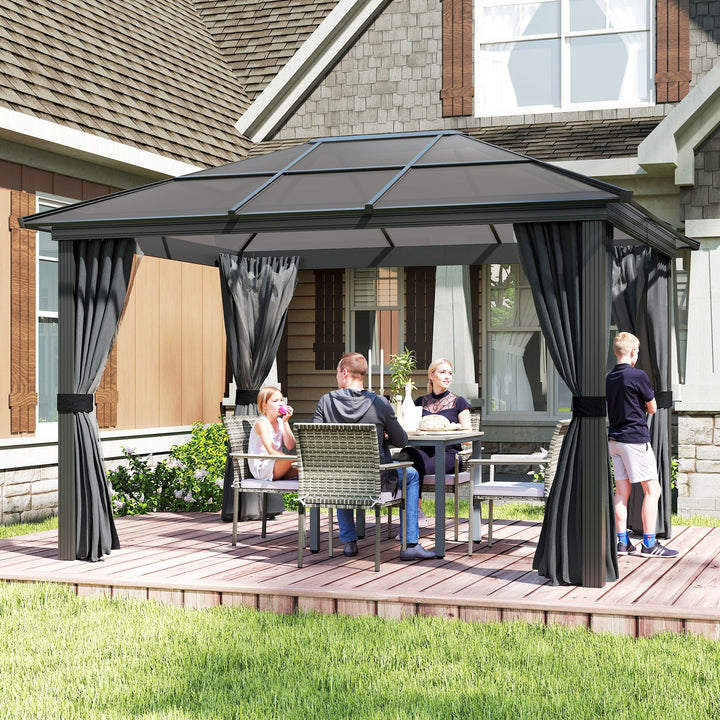 3 x 3.6m Hardtop Gazebo Canopy with Polycarbonate Roof, Aluminium Frame, Permanent Pavilion Garden Gazebo with Netting and Curtains for Patio, Deck, Dark Grey
