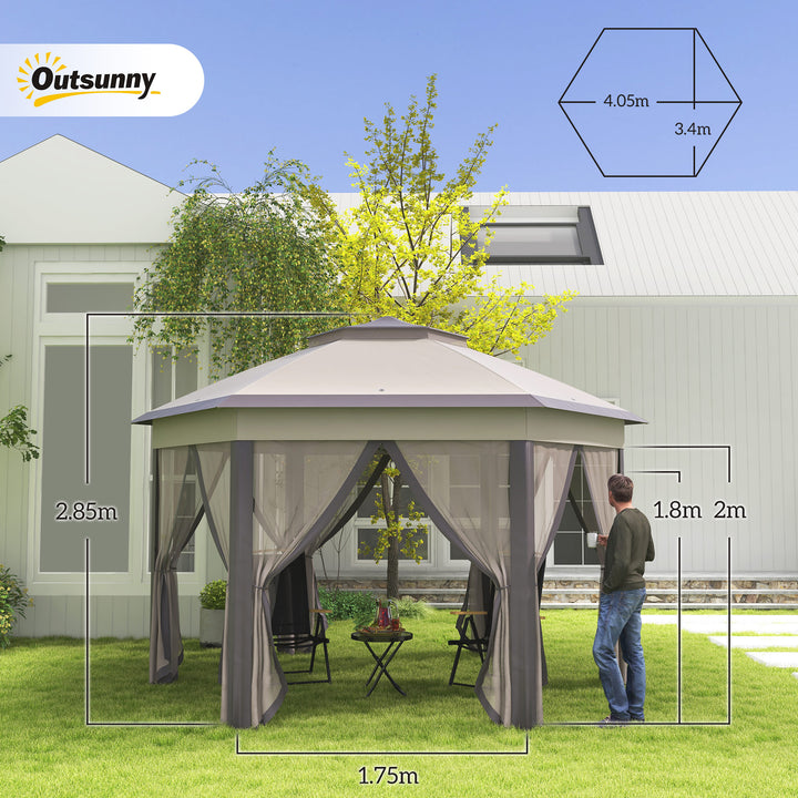 3 x 4m Garden Gazebo Hexagon Pop Up Gazebo Party Tent Canopy Double Roof Instant Shelter with Netting and Carry Bag for Outdoor Patio, Beige