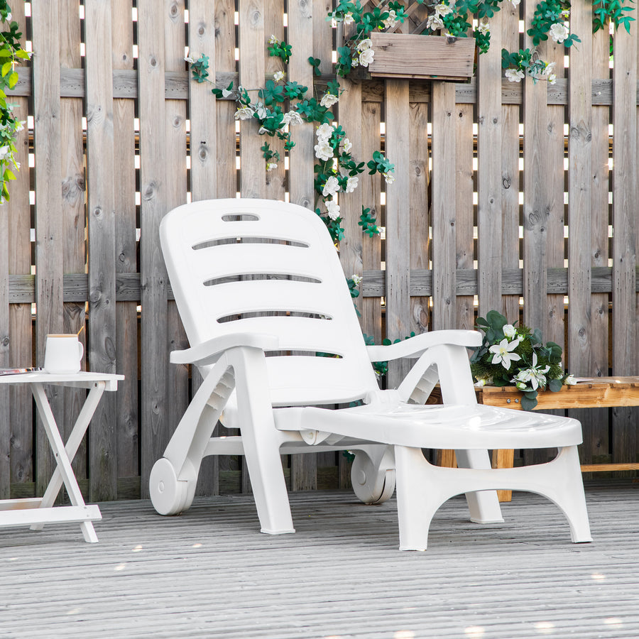 Outdoor Folding Sun Lounger Recliner on Wheels w/ 5-Position Backrest, White