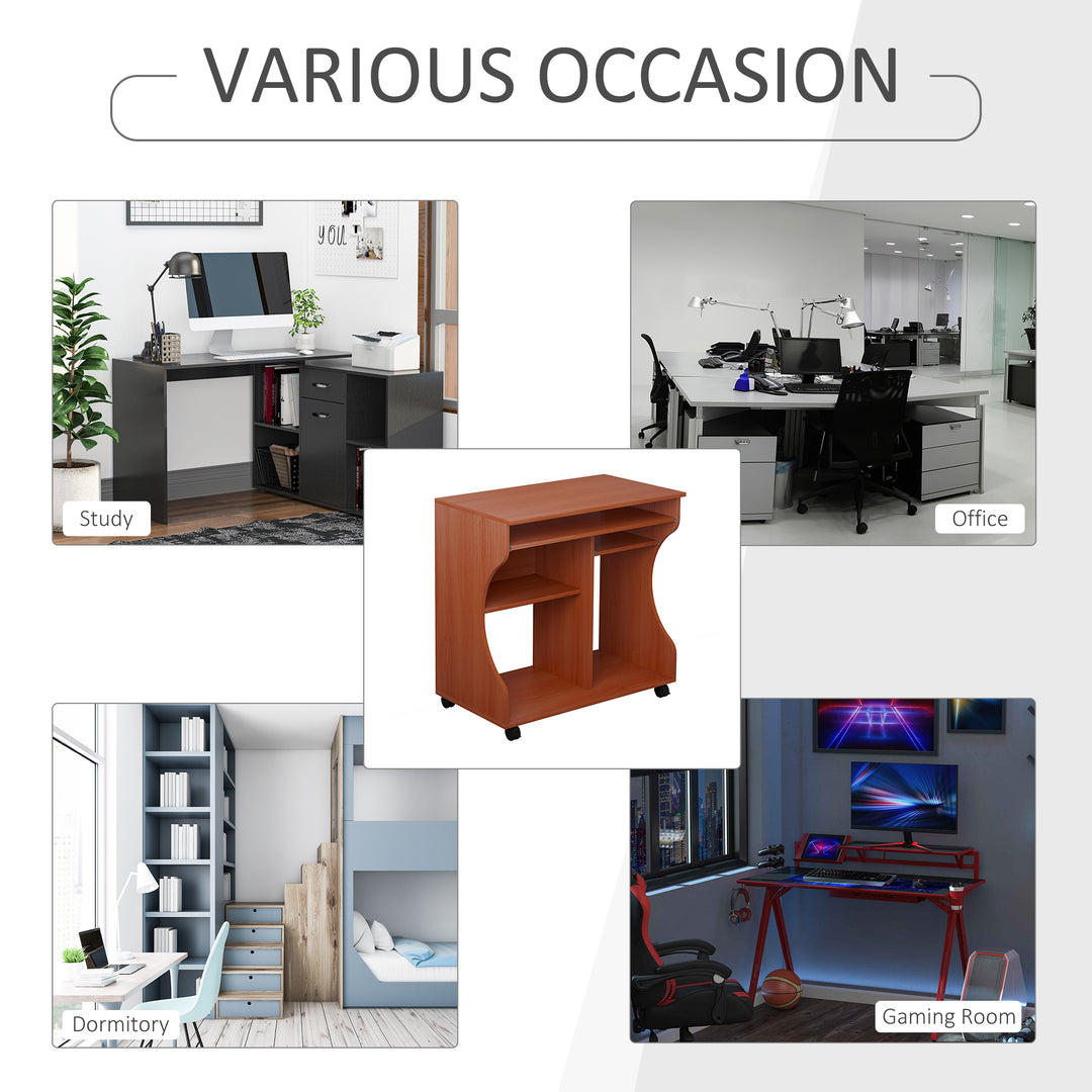 HOMCOM Computer Desk on Wheels, Movable Workstation with Sliding Keyboard Tray, Storage Shelves, 80x48x76cm | Aosom UK