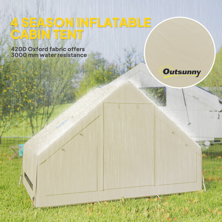 Inflatable Camping Tent with Pump and Stove Jack Hole, Easy Setup 2-4 Person Blow Up Tent, Waterproof Luxury Inflatable Tent with Mesh Windows, Doors, Hook and Carry Bag, Beige