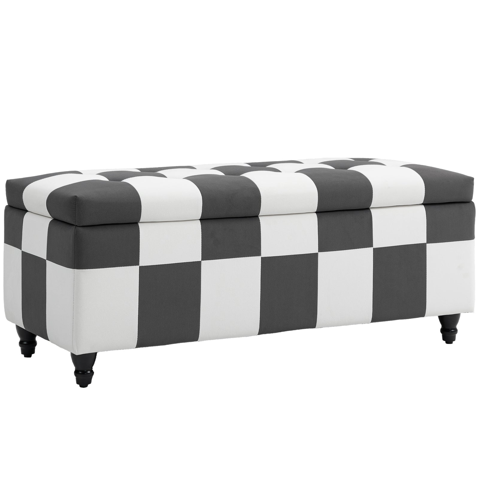 114 x 47 x 47cm Velvet Storage Ottoman, Button-tufted Footstool Box, Toy Chest with Lid for Living Room, Bedroom, Dark Grey and White