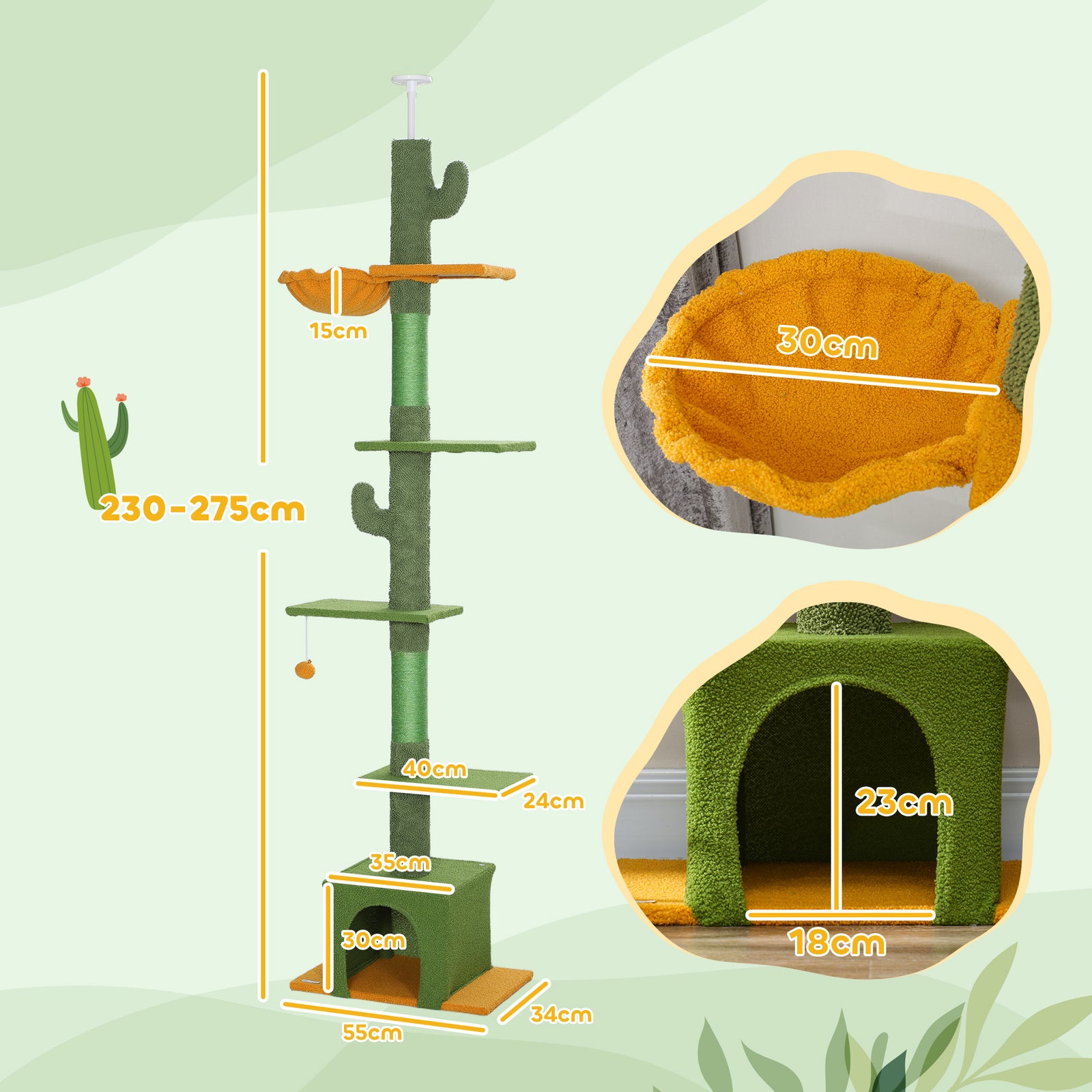 230-275cm Floor-to-Ceiling Adjustable Cat Tree with Scratching Posts, 