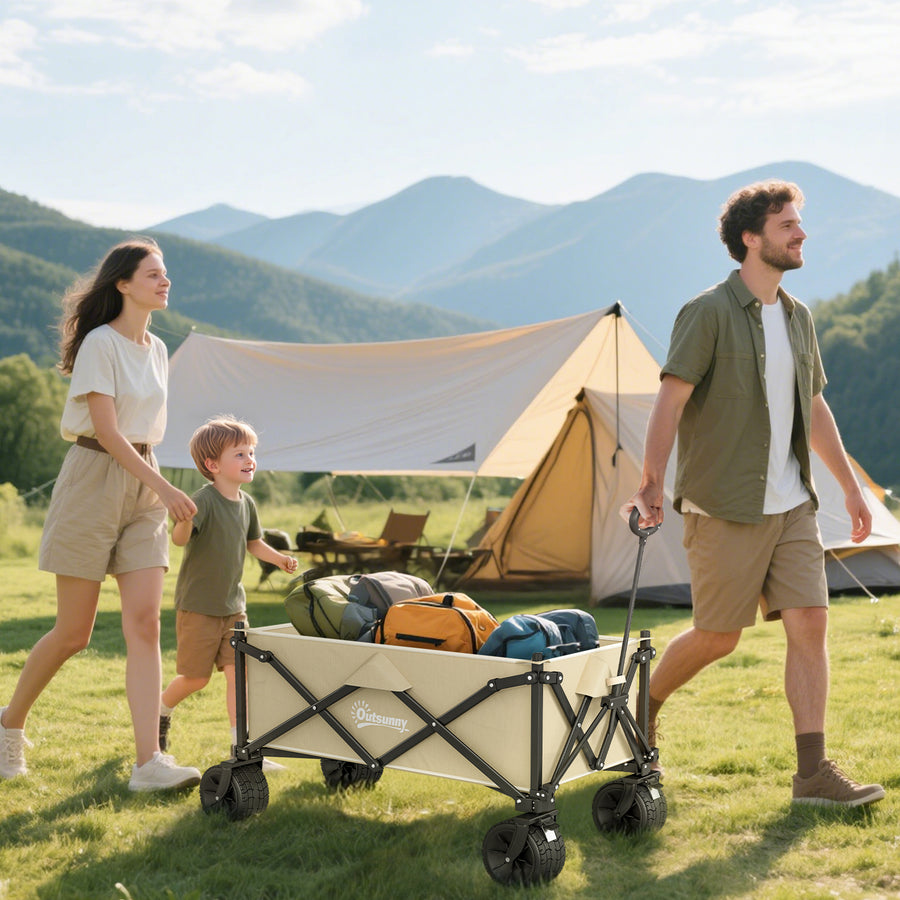 Folding Garden Trolley, Outdoor Wagon Cart with Carry Bag, for Beach, Camping, Festival, 120KG Capacity, Khaki