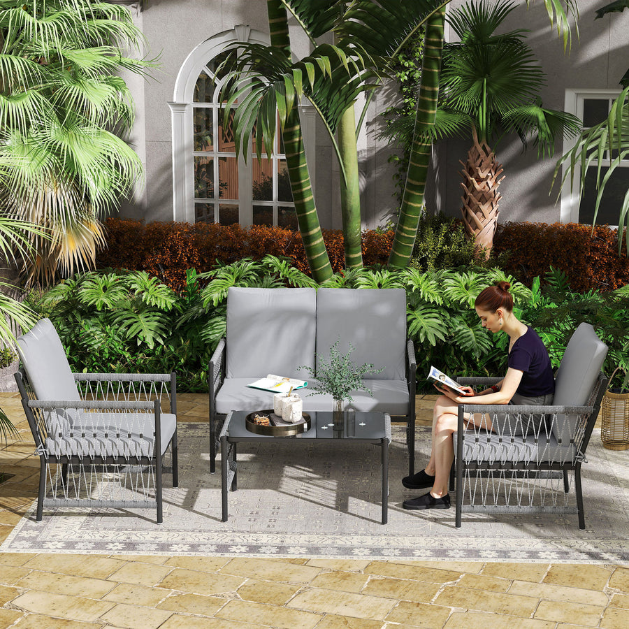 4 Piece Rattan Garden Furniture Set, 4 Seater Wicker Patio Conversation Set with 2 Armchairs, Loveseat, Glass Top Coffee Table and Cushions for Outdoor, Balcony, Grey