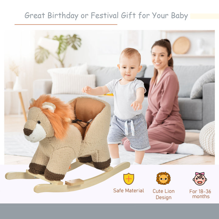 Kids Children Rocking Horse Plush Ride On Lion Seat w/ Sound Wood Base Seat Safety Belt Toddler Baby Toy for 18-36 Months Brown