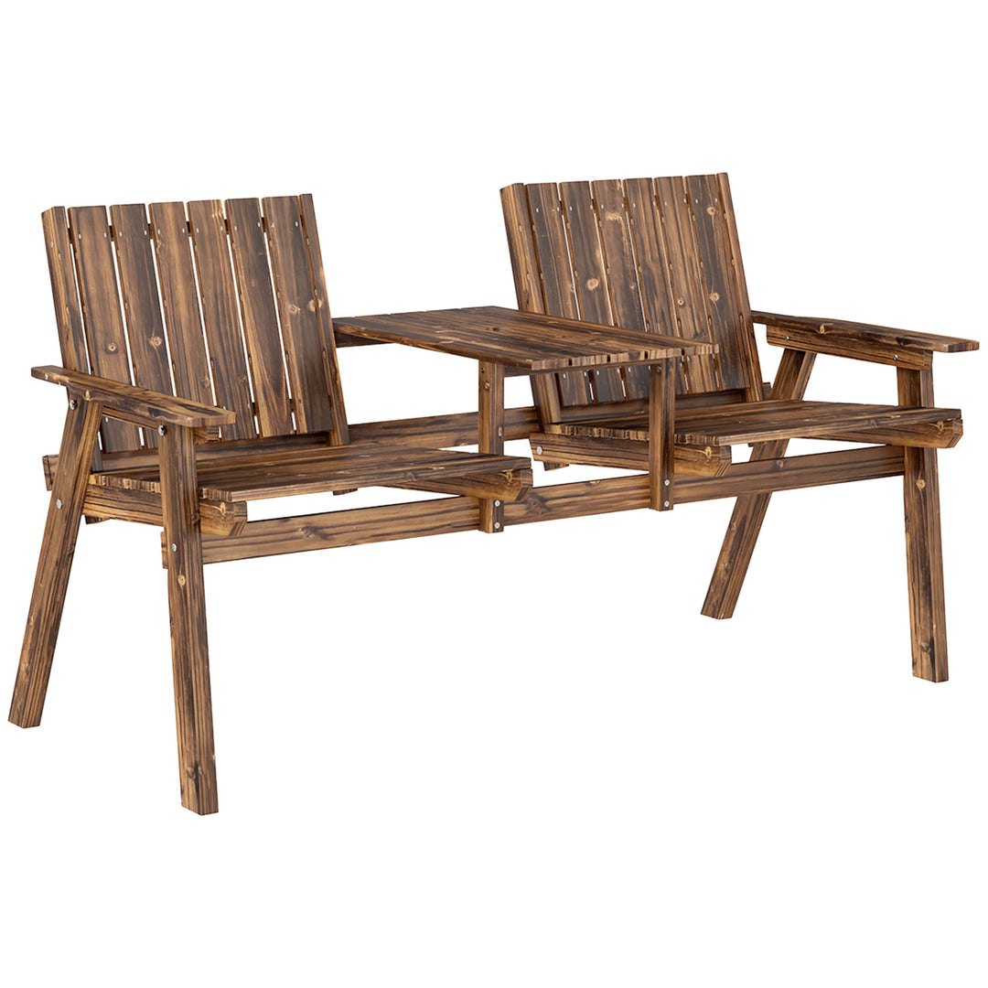 2-Seater Garden Bench with Table & Parasol Hole, Antique Loveseat for Porch, Patio, Carbonised Finish