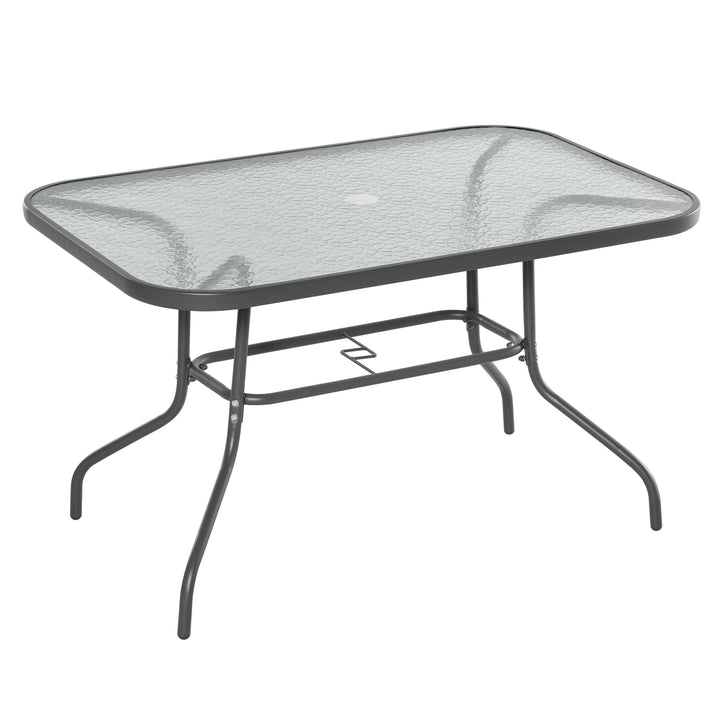 Outsunny Glass Top Garden Table Curved Metal Frame w/ Parasol Hole 4 Legs Outdoor Balcony Sturdy Friends Family Dining Table -Grey | Aosom UK