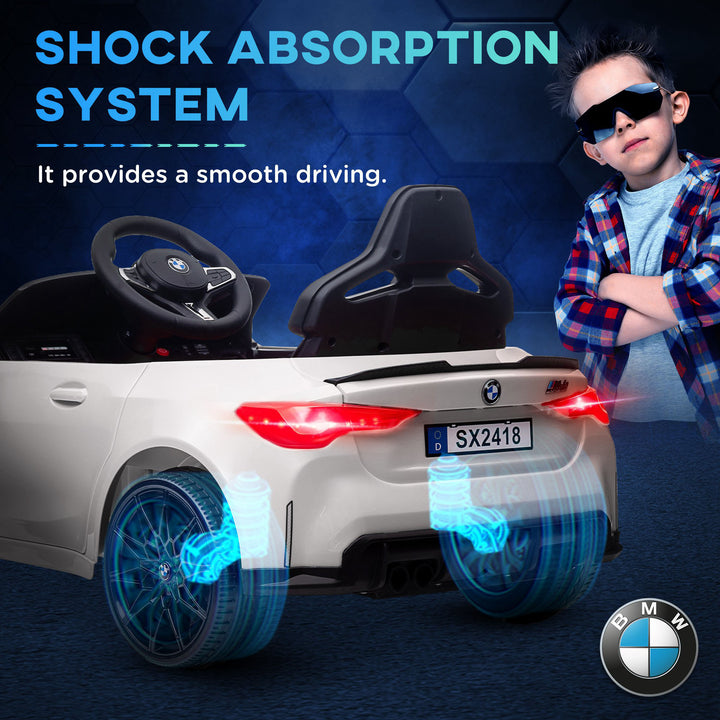 AIYAPLAY 12V BMW M4 Licensed Kids Car with Easy Transport, Remote Control, Suspension, Music, Horn, LED Lights - White