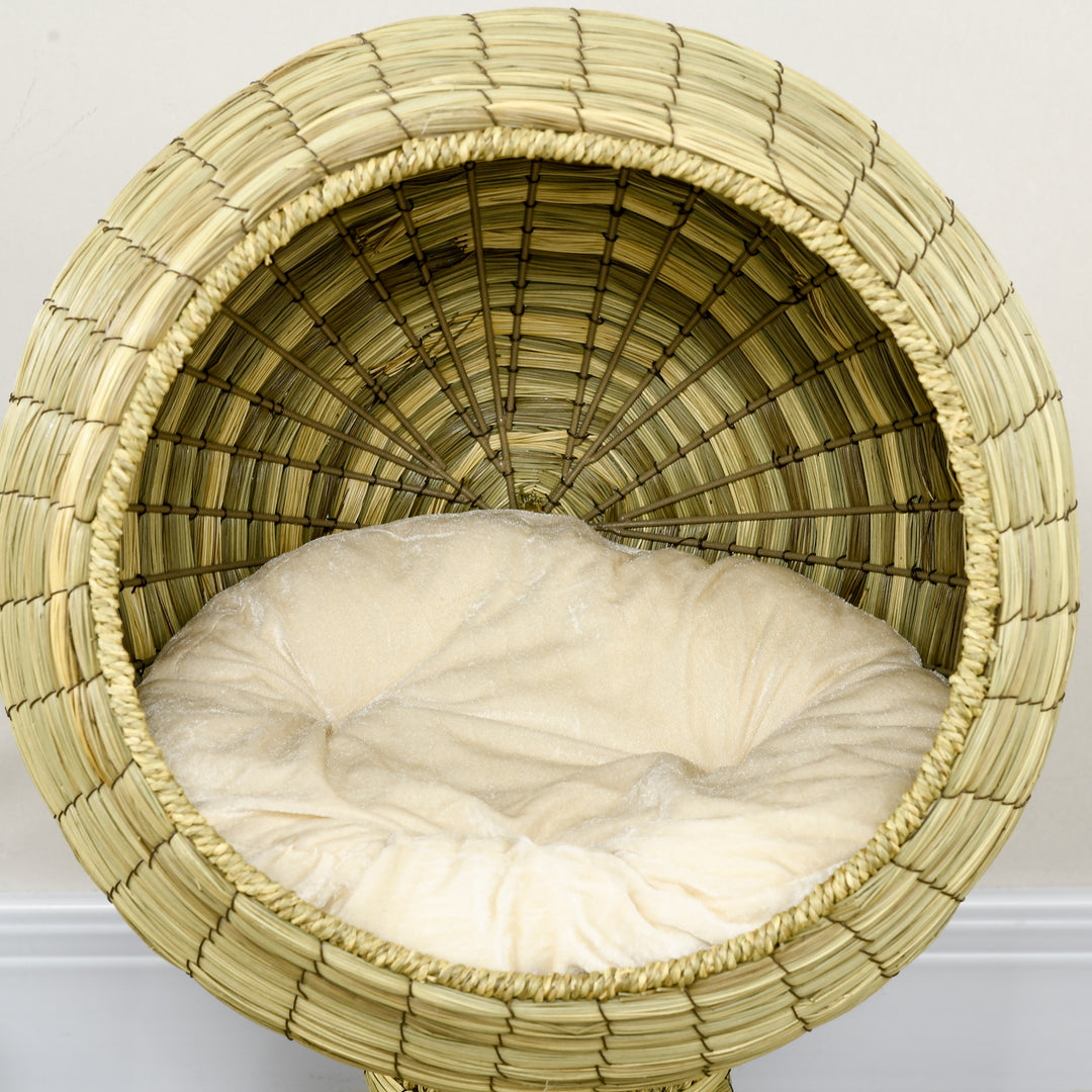 Raised Detachable Cat house, Natural Mat Grass Cat Bed, with Cushion