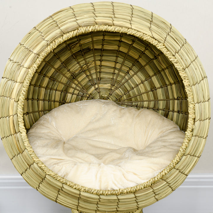 Raised Detachable Cat house, Natural Mat Grass Cat Bed, with Cushion