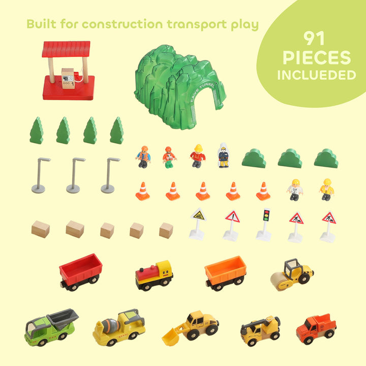 91-Piece Wooden Train Set, Toy Train with Magnetic Crane, Sound - view 4