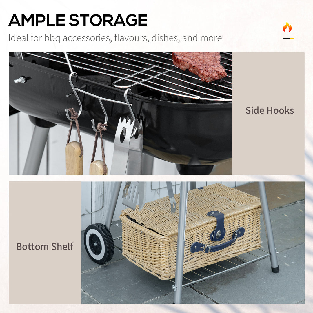 Portable BBQ Charcoal Grill with 2 Wheels and Cooking Utensils, Smoker Grill with Lid for Outdoor Barbecues, Camping, Picnic, Courtyard