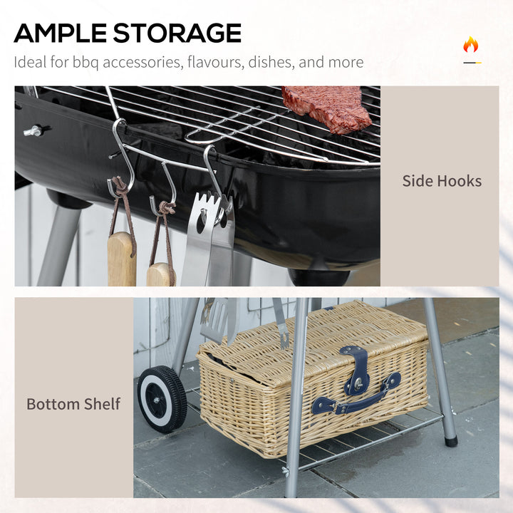 Portable BBQ Charcoal Grill with 2 Wheels and Cooking Utensils, Smoker Grill with Lid for Outdoor Barbecues, Camping, Picnic, Courtyard
