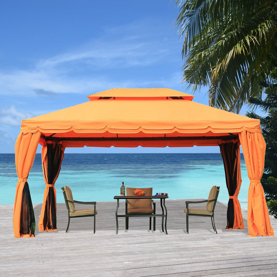 4 x 3 m Aluminum Garden Gazebo, Double Roof Outdoor Gazebo Canopy Shelter with Netting & Curtains for Garden, Lawn, Backyard and Deck, Orange