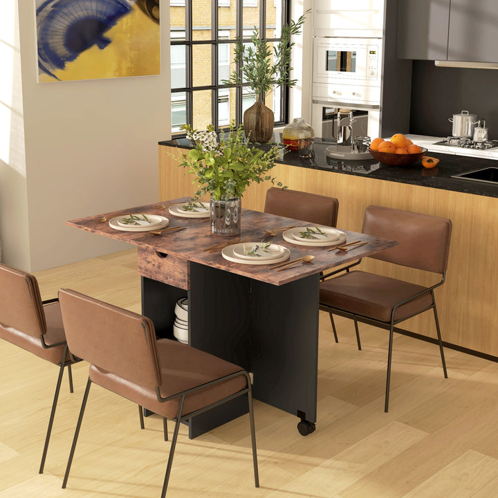 Folding Dining Table, Drop Leaf Table for Small Spaces, Foldable Table with Drawer and Storage Shelves for Kitchen, Dining Room, Rustic Brown