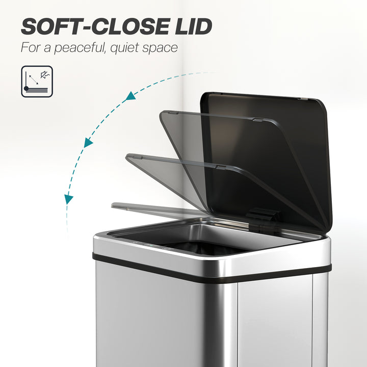 HOMCOM 40L Sensor Bin with Quiet Soft-Close Lid, Automatic Touchless Motion Sensor Kitchen Bin with Fingerprint Resistant Stainless Steel for Hygienic Gyms, Home Office Use, Silver Tone