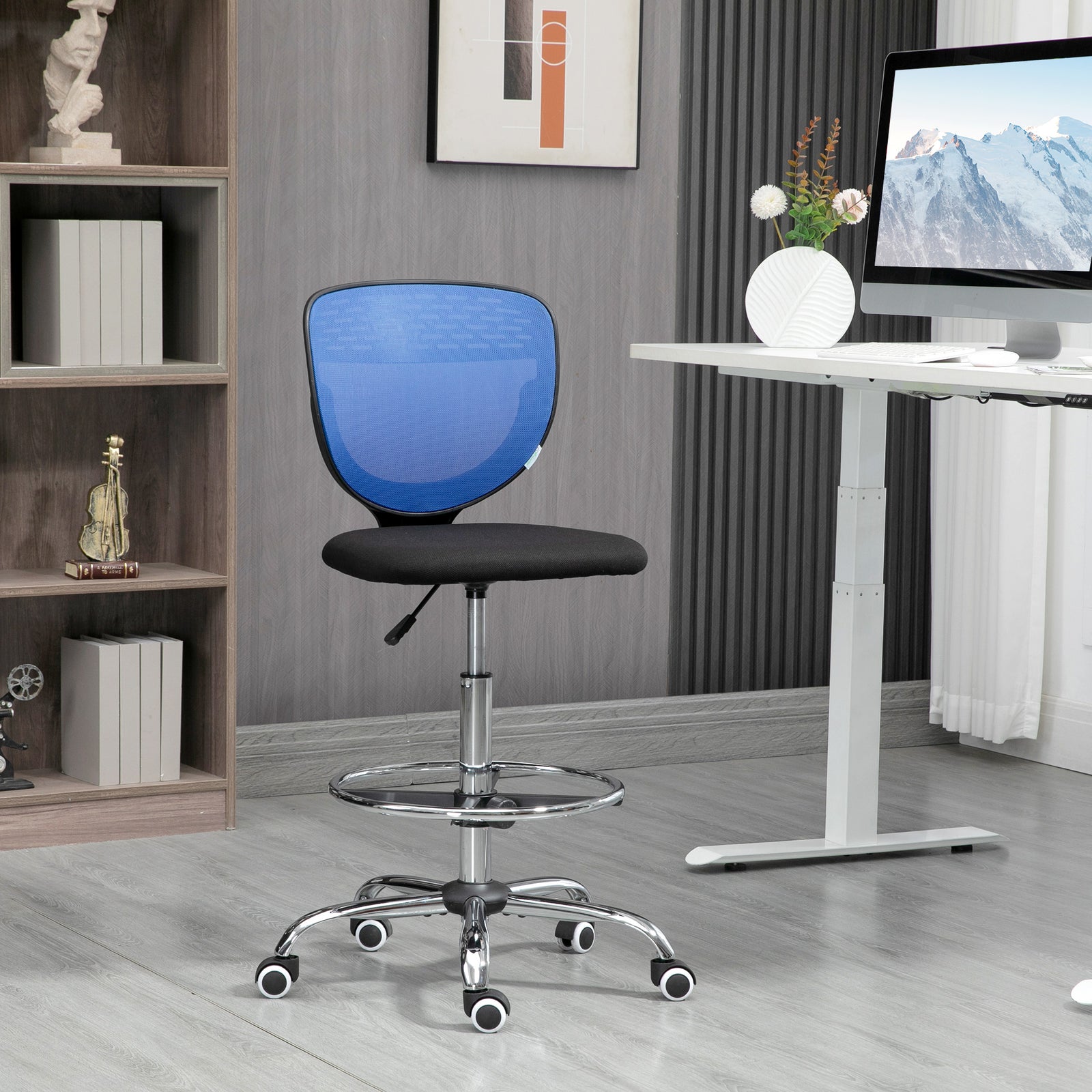 Drafting Chair, Swivel Office Draughtsman Chair, Mesh Standing Desk Chair with Adjustable Foot Ring, Armless, Dark Blue