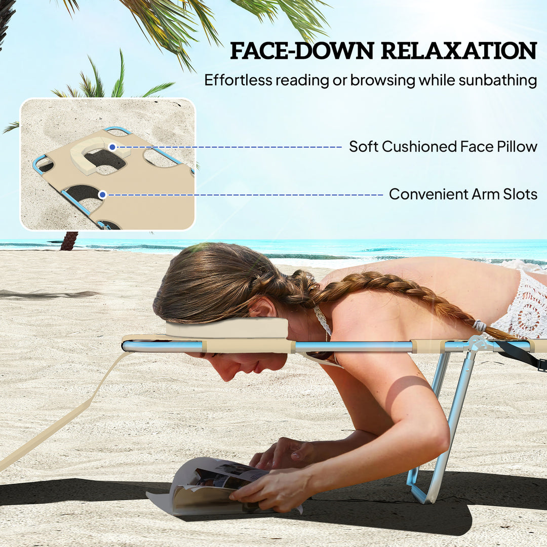 Foldable Sun Lounger, Beach Chaise Lounge with Reading Hole, Arm Slots, 5-Position Adjustable Backrest, Side Pocket, Pillow for Garden, Beach, Pool, Beige