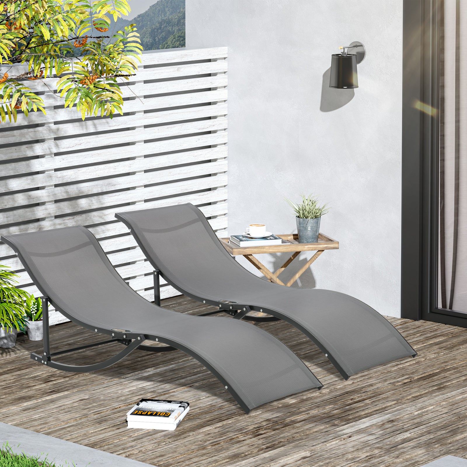 Set of 2 S-shaped Foldable Lounge Chair Sun Lounger Reclining Outdoor Chair for Patio Beach Garden, Grey