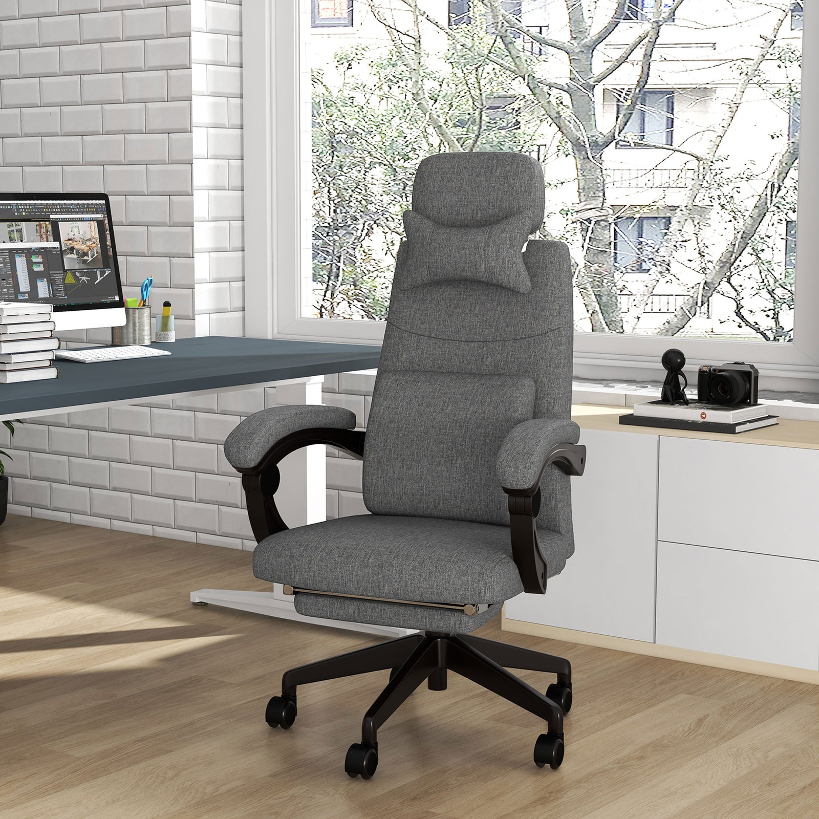 Linen-Look Office Chair, with 160° Reclining Back and Footrest - Grey