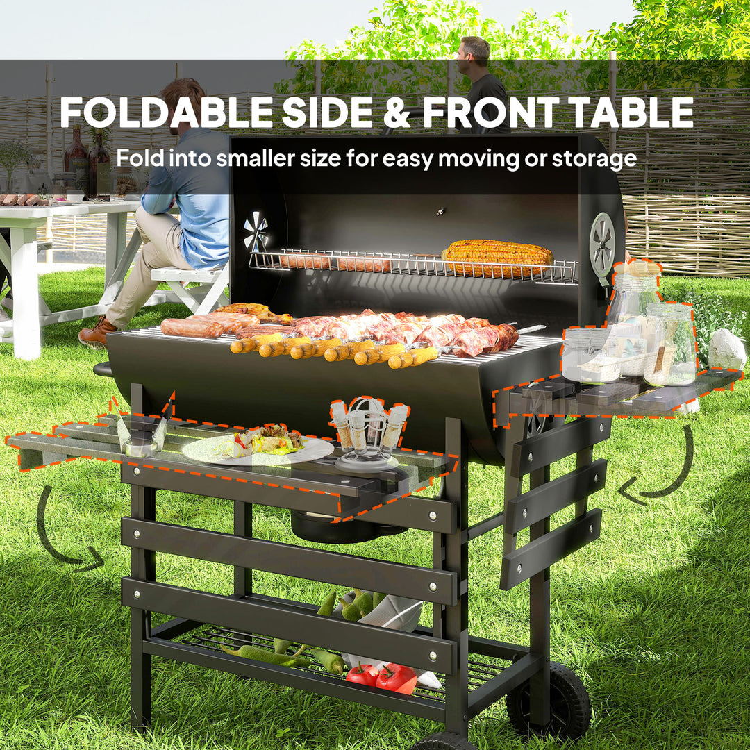 Charcoal BBQ Grill with Foldable Front Side Shelf, Portable Barbecue Smoker with Warming Rack, Bottom Shelf, Lid, Temperature Gauge, Wheels for Outdoor Cooking Garden Party, Black