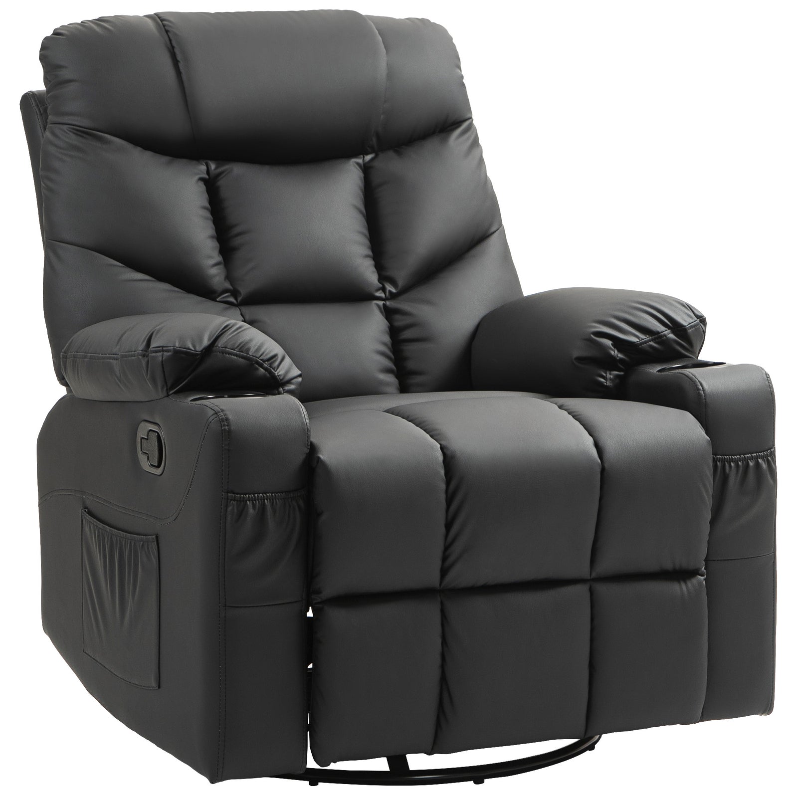 Manual Reclining Chair, Recliner Armchair with Swivel, Faux Leather, Footrest, Cup Holders, 86x93x102cm, Black
