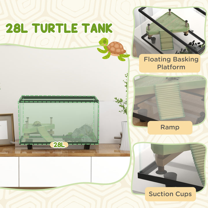 PawHut 28L Glass Turtle Tank Aquarium with Basking Platform, Easy-Drain, Strip Patch Thermometer | Aosom UK