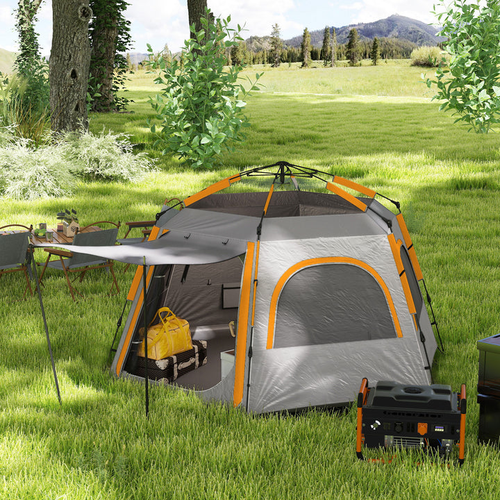 Instant Pop Up Camping Tent, 2/3/4 Person Easy Setup Dome Family Tent with Vestibule, Rainfly, 4 Mesh Windows & 2 Doors, Hexagonal Design, Waterproof & UV Protected, Light Grey