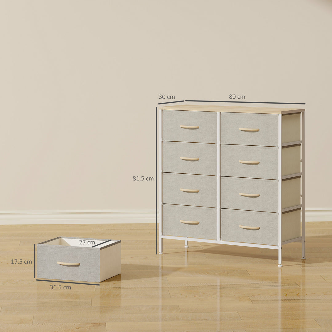 Fabric Chest of Drawers, Industrial Bedroom Dresser with 8 Fabric Drawers, Steel Frame and Wooden Top for Nursery, Living Room, Hallway, Maple Wood-effect