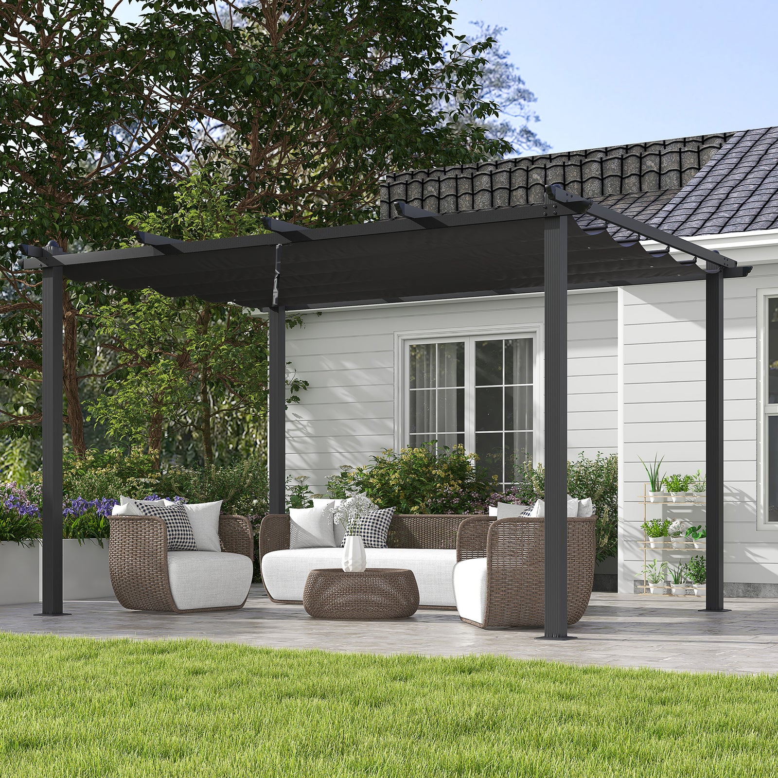 3 x 4m Aluminium Pergola, with Retractable Roof - Dark Grey