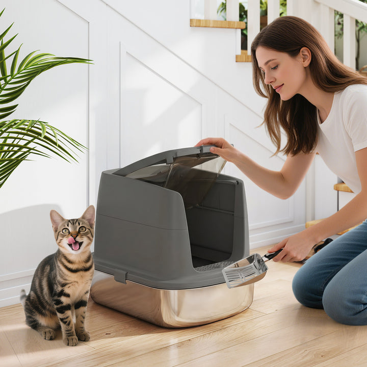 Large Stainless Steel Litter Box, Enclosed Metal Cat Litter Tray with 