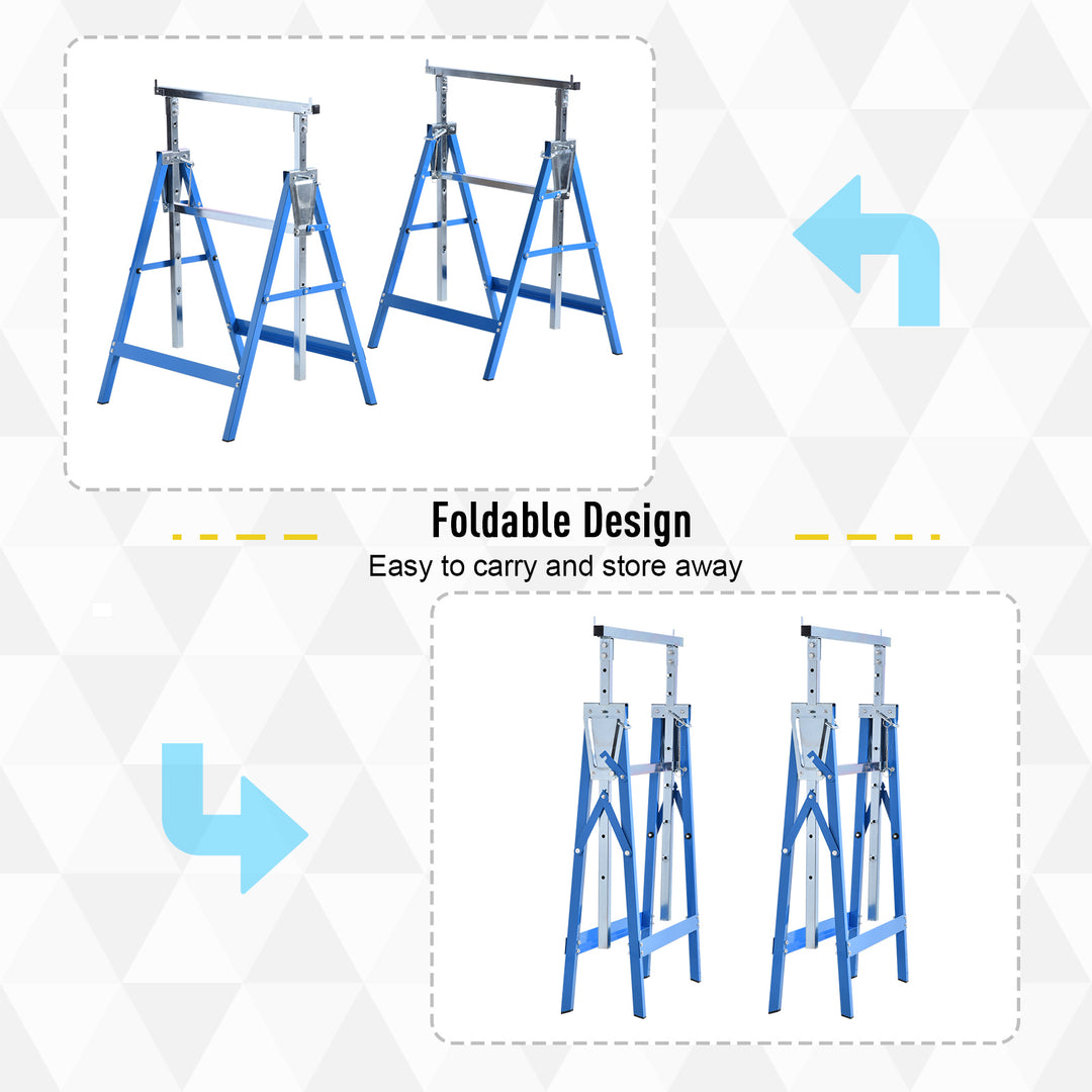 Set of 2 Adjustable Telescopic Builders Trestle, DIY Steel Work Bench Carpenter, Folding Saw Horse Tools Blue