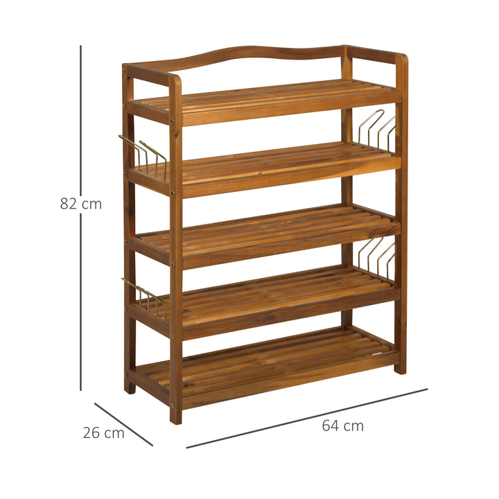 HOMCOM 5-Tier Shoe Rack, Acacia Wooden Shoe Storage Organiser with Hangers, Holds up to 24 Pairs, for Entryway, Living Room, 64 x 26 x 82 cm, Teak