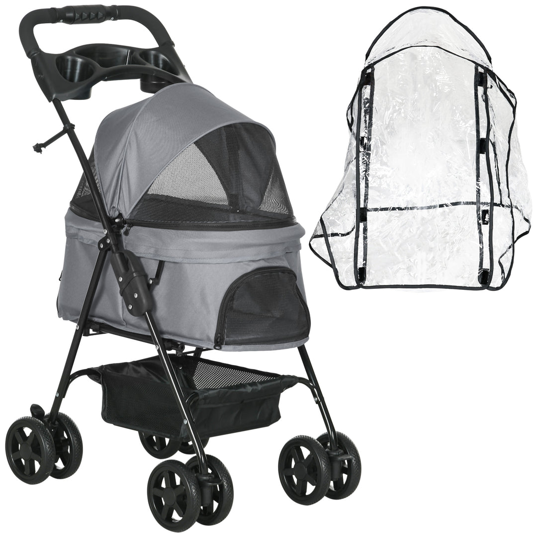 Dog Stroller with Rain Cover, Dog Pushchair One-Click Fold Trolley Jogger with EVA Wheels Brake Basket Adjustable Canopy Safety Leash for Small Dogs, Grey