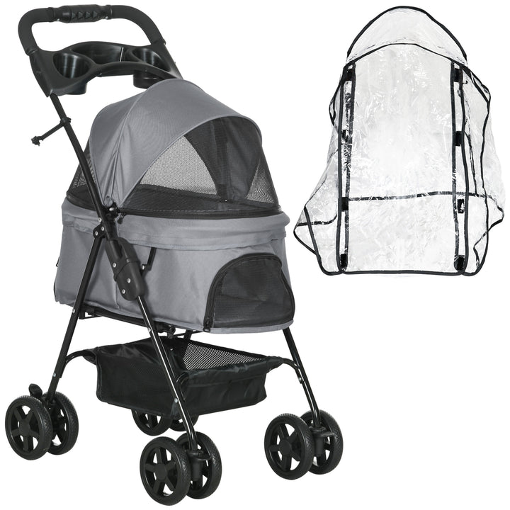 Dog Stroller with Rain Cover, Dog Pushchair One-Click Fold Trolley Jogger with EVA Wheels Brake Basket Adjustable Canopy Safety Leash for Small Dogs, Grey