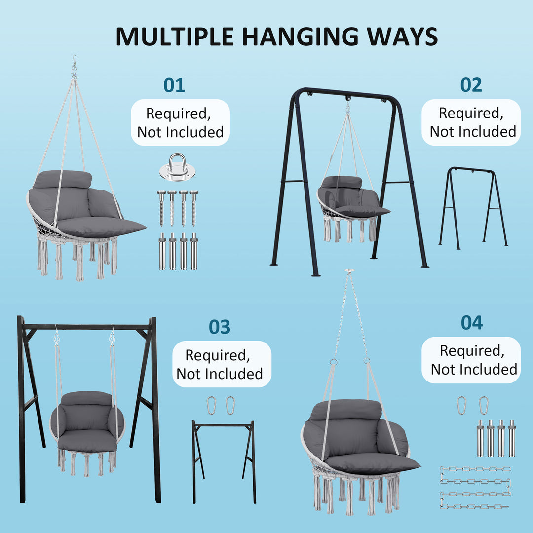Hanging Chair Outdoor Hammock Chair with Soft Cushion, Cotton Rope Boho Style Swing Chair, Hanging Garden Swing Seat for Indoor Outdoor, Dark Grey
