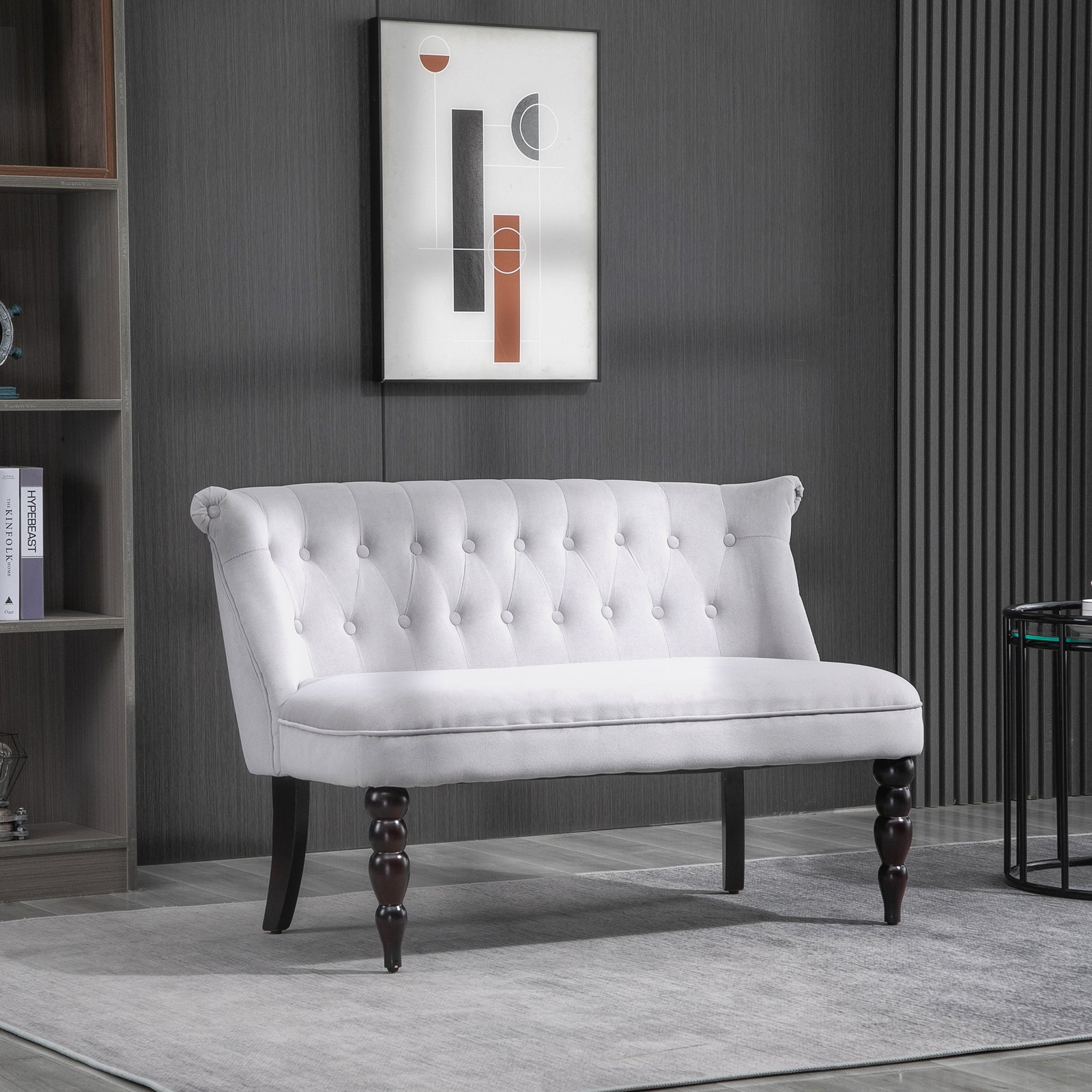 Loveseat with Wood Frame, Compact 2 Seater Sofa, Button Tufted Chaise Lounger with Carved Legs, Vintage Design for Bedroom Living room, Grey