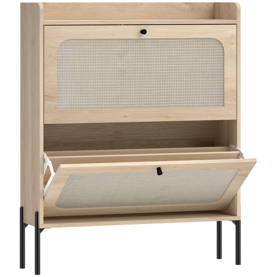 Shoe Cabinet with 2 Flip Drawers, Boho Narrow Shoe Storage Cabinet - Oak