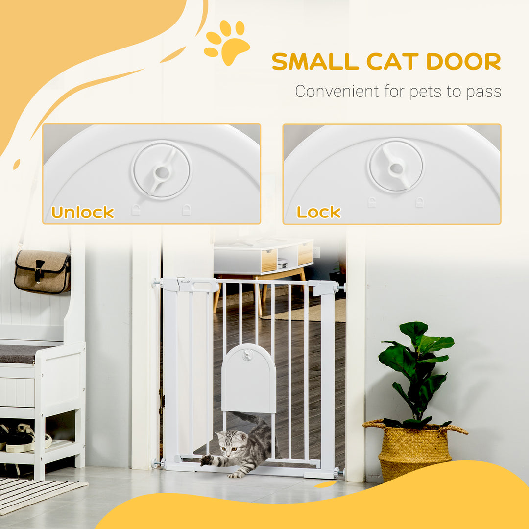 PawHut 75-82cm Pet Safety Gate with Double Locking, Pressure Fit Stair with Cat Flat for Doorways, Hallways, White | Aosom UK