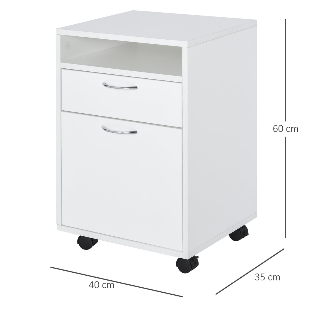 HOMCOM 60cm Storage Cabinet w/ Drawer Open Shelf Metal Handles 4 Wheels Office Home Organiser Mobile Printer White | Aosom UK