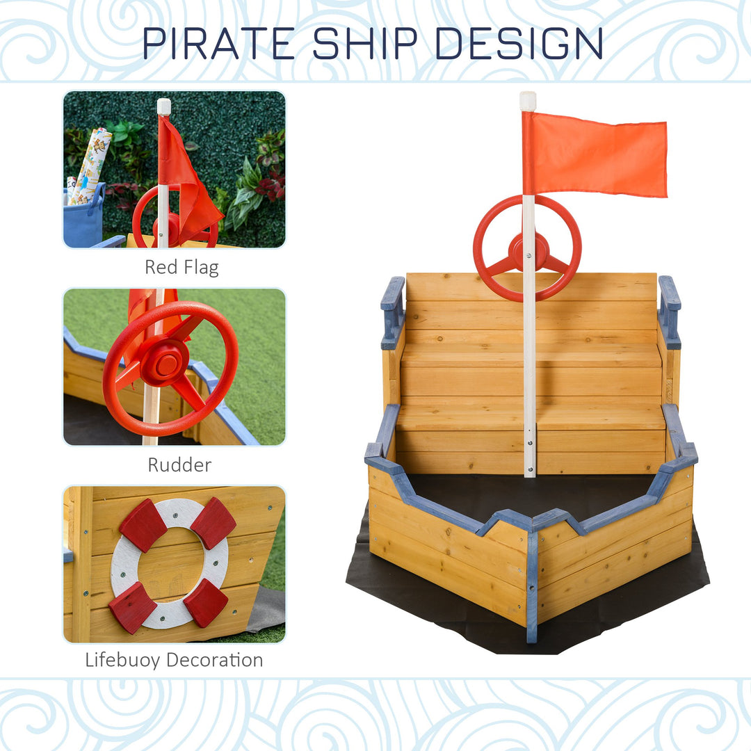 Outsunny Kids Wooden Sandpit Children Sandbox Pirate Ship Sandboat Outdoor Backyard Playset Play Station w/ Bench Bottom Liner