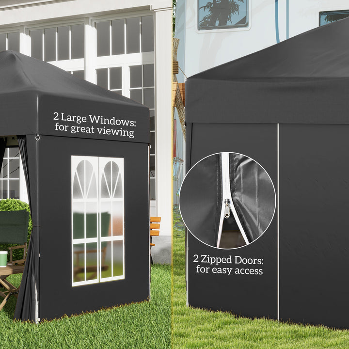 2 x 2 m Garden Pop Up Gazebo, Wedding Party Tent Marquee, Water Resistant Awning Canopy with Sidewalls, Windows, Carry Bag, Black