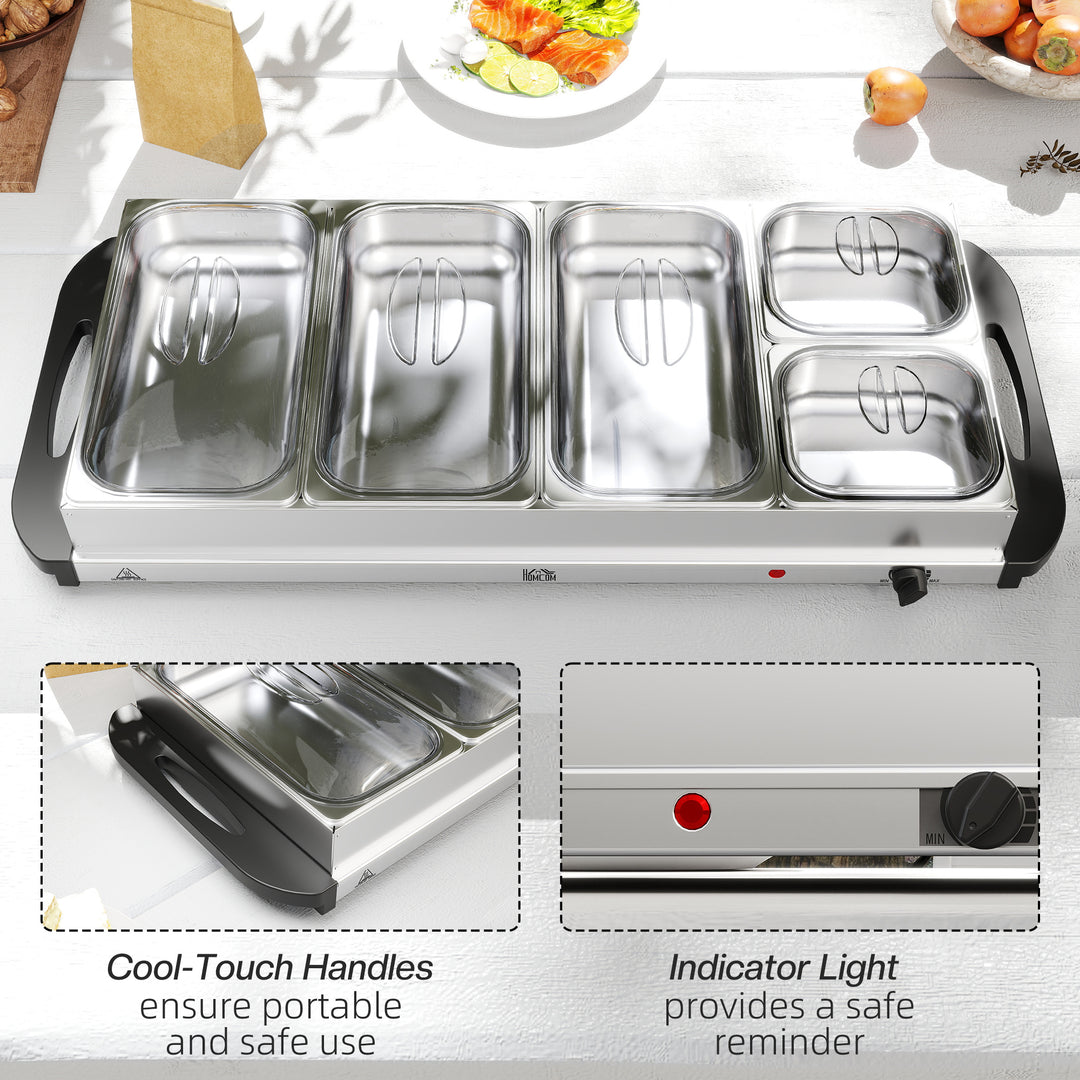Electric Food Warmer 5 Tray, 9.2L Portable Buffet Server and Warming Tray with Lids, Adjustable Temperature Control and Cool Touch Handles, 450W, 3 x 2.4L and 2 x 1L, Silver Tone