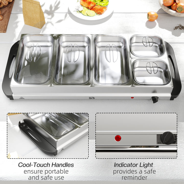 Electric Food Warmer 5 Tray, 9.2L Portable Buffet Server and Warming Tray with Lids, Adjustable Temperature Control and Cool Touch Handles, 450W, 3 x 2.4L and 2 x 1L, Silver Tone