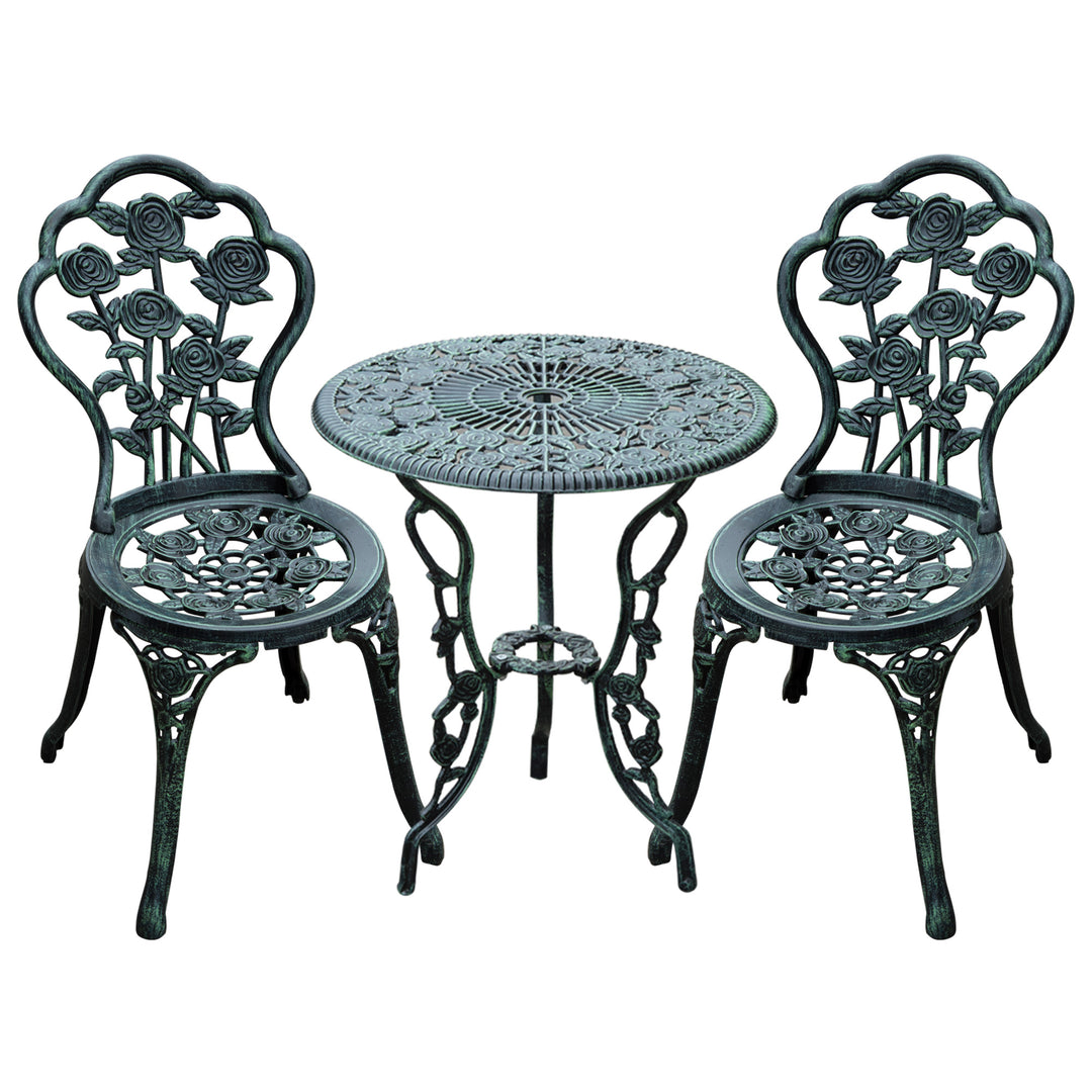 Cast Aluminium Outdoor Patio Garden Bistro Elegant Design Table Chair Set - Green (3-Piece)
