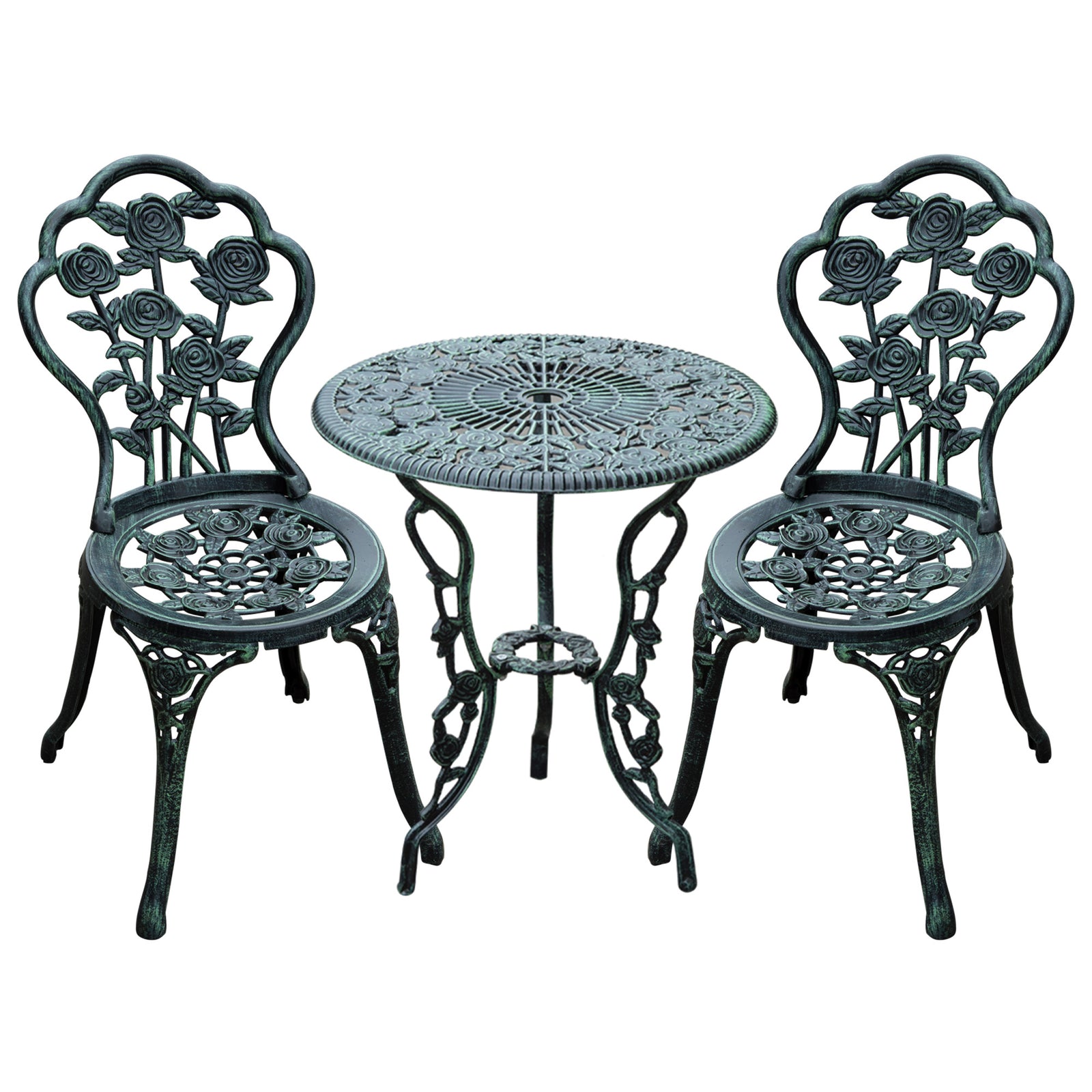 Cast Aluminium Outdoor Patio Garden Bistro Elegant Design Table Chair Set - Green (3-Piece)