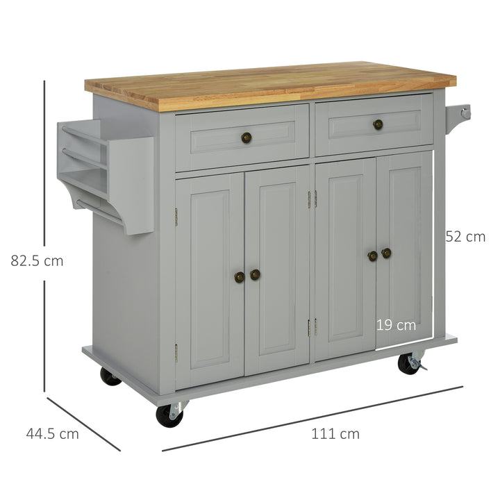 MCL Rolling Kitchen Island Storage Trolley with Rubber Wood Top & Drawers for Dining Room, Grey