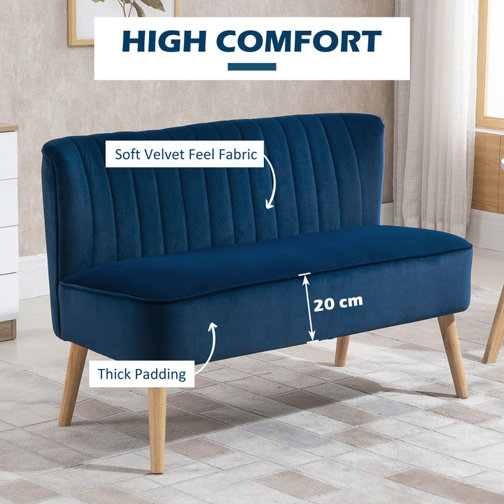 Modern Velvet Double Seat Sofa w/ Wood Frame Foam Padding High Back Soft Comfortable Compact Couch Blue