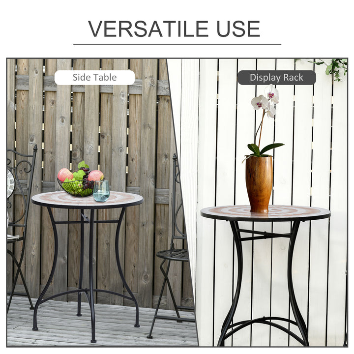 60 cm Mosaic Garden Table, Small Round Outdoor Side Table with Ceramic Top, Plant Stand for Patio, Balcony, Orange and White